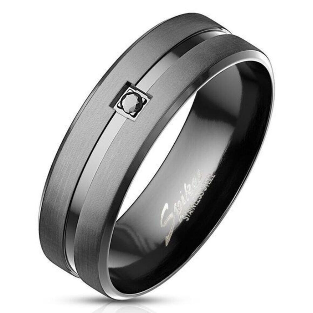 Black CZ on Matte Black Center‎ with Shiny Groove Stainless Steel Ring Sing 10